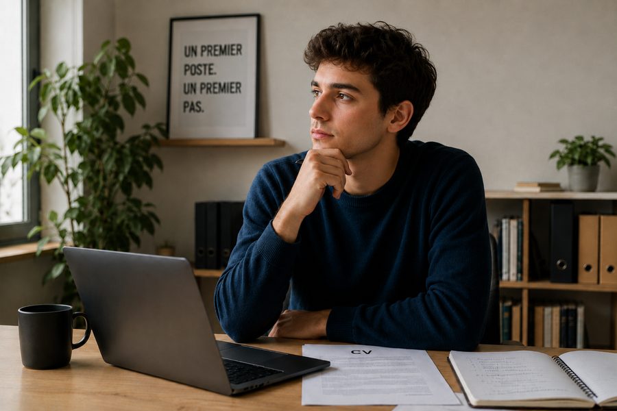 Jeune diplômée travaillant sur son ordinateur pour préparer sa recherche de premier emploi