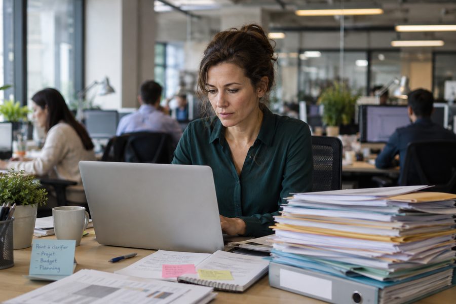 Personne en réflexion sur son parcours professionnel, carnet à la main