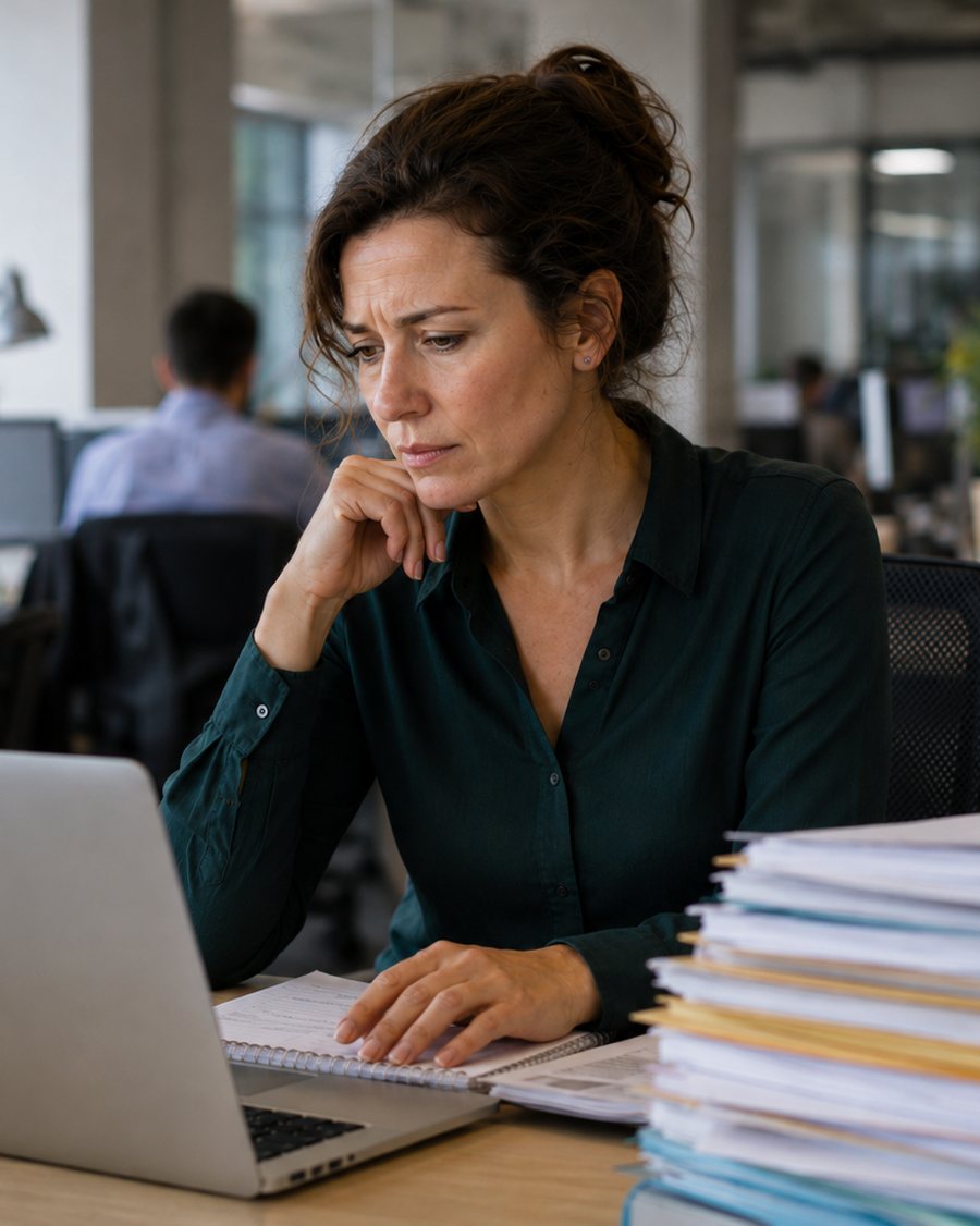 Cadre en questionnement sur son parcours professionnel, pensive à son bureau