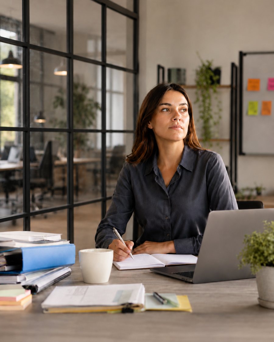 Cadre en poste, pensive à son bureau, en réflexion sur l'évolution de sa carrière