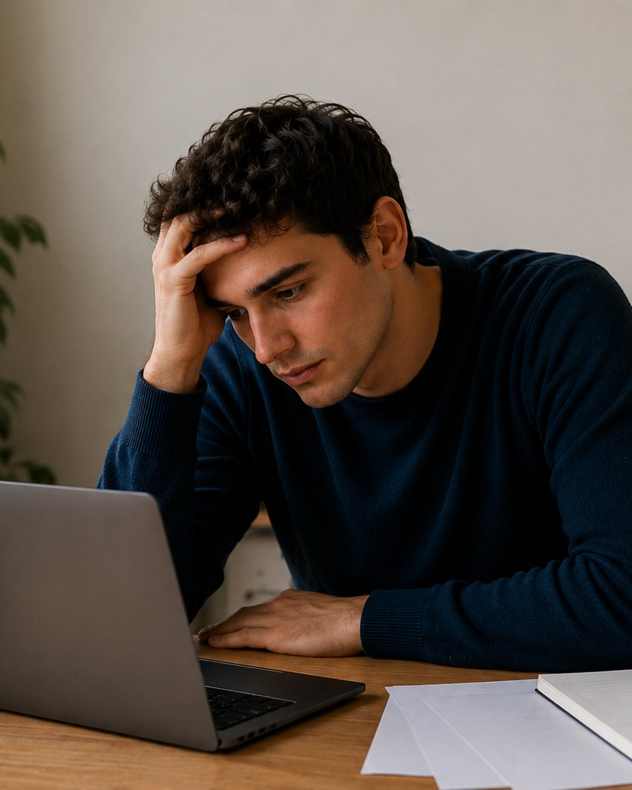 Jeune diplômé découragé devant son ordinateur pendant sa recherche de premier emploi