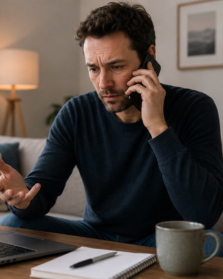 Cadre en recherche d'emploi, préoccupé, au téléphone devant son ordinateur à domicile
